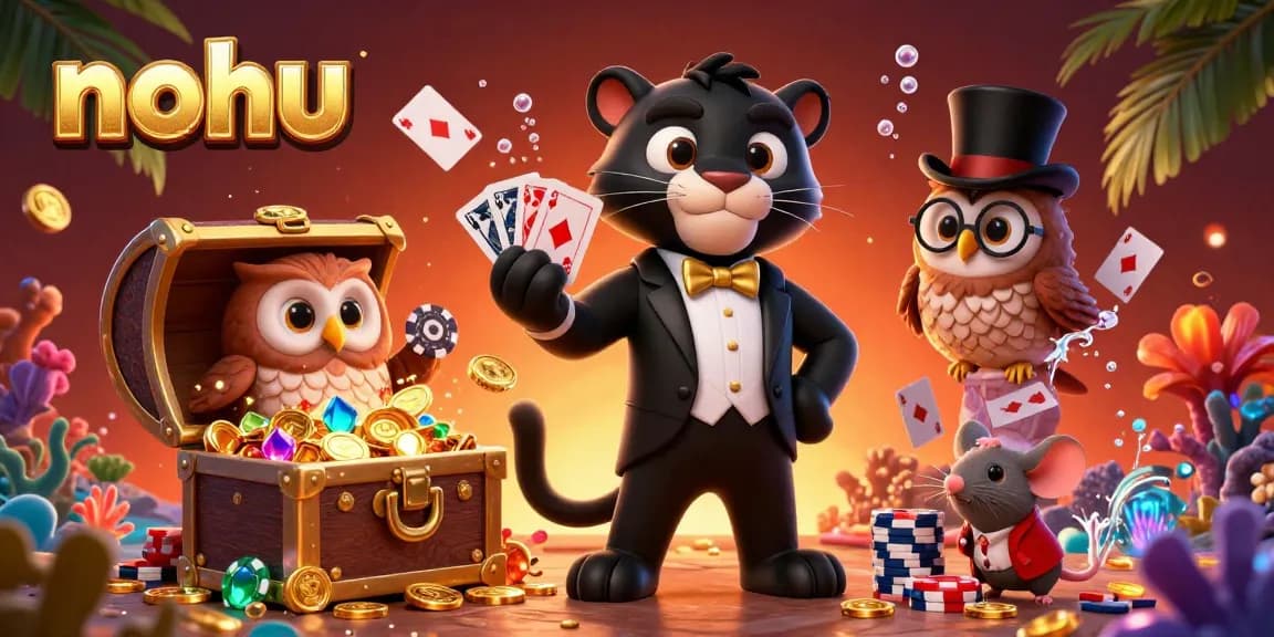Nohu showcases a lively poker scene with a black panther dealer, owl holding poker chips, and lucky mouse in an exciting casino atmosphere.