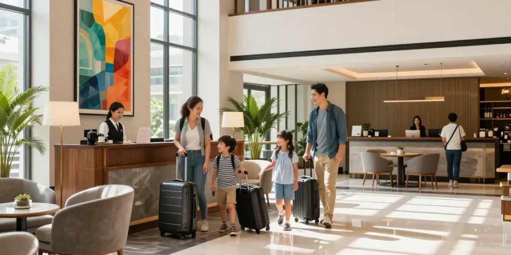 Family checking into ROKOK88 Carter Hotel, showcasing welcoming atmosphere and modern design, perfect for rokok88 login convenience.