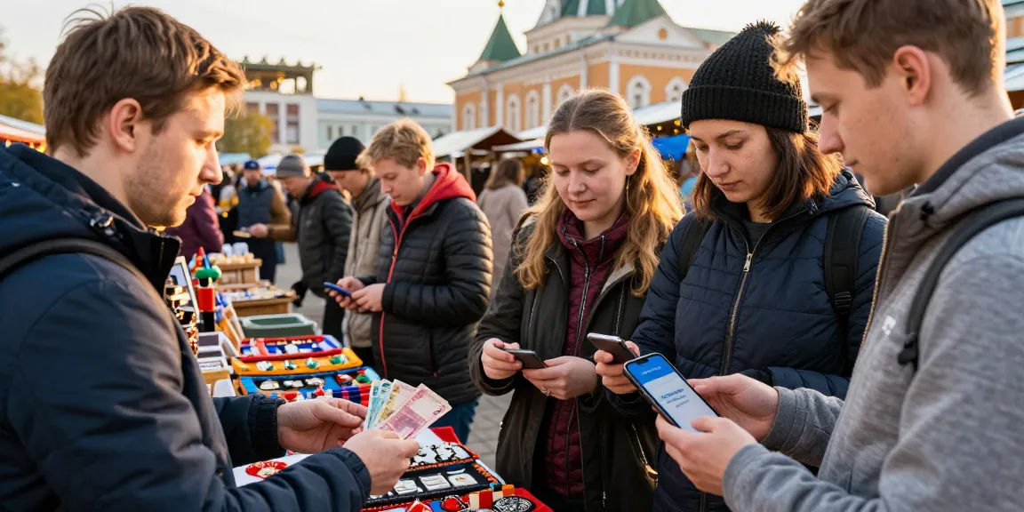 Interacción de turistas en un mercado de Rusia utilizando https://payinrussia.com/ para facilitar pagos digitales.