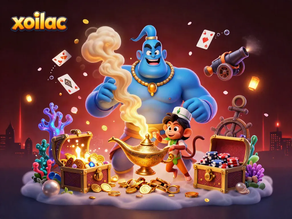 Experience thrill with xoilac's magical genie and poker chips in a dynamic casino scene.