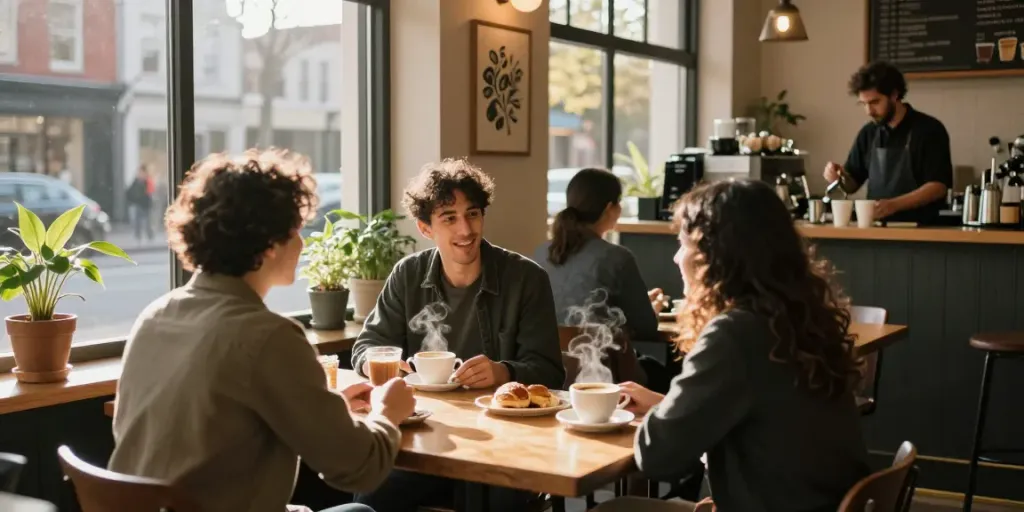 Café scene with friends enjoying drinks, emphasizing the rokok88 link within a vibrant community setting.