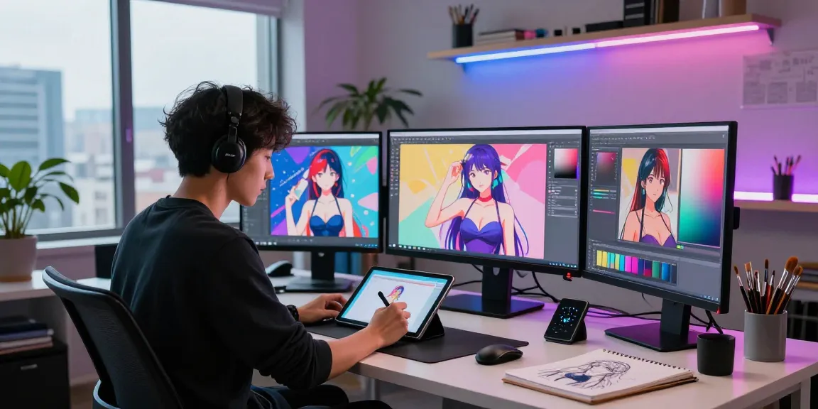 Artist creating AI hentai art in a vibrant digital studio filled with screens and tools.