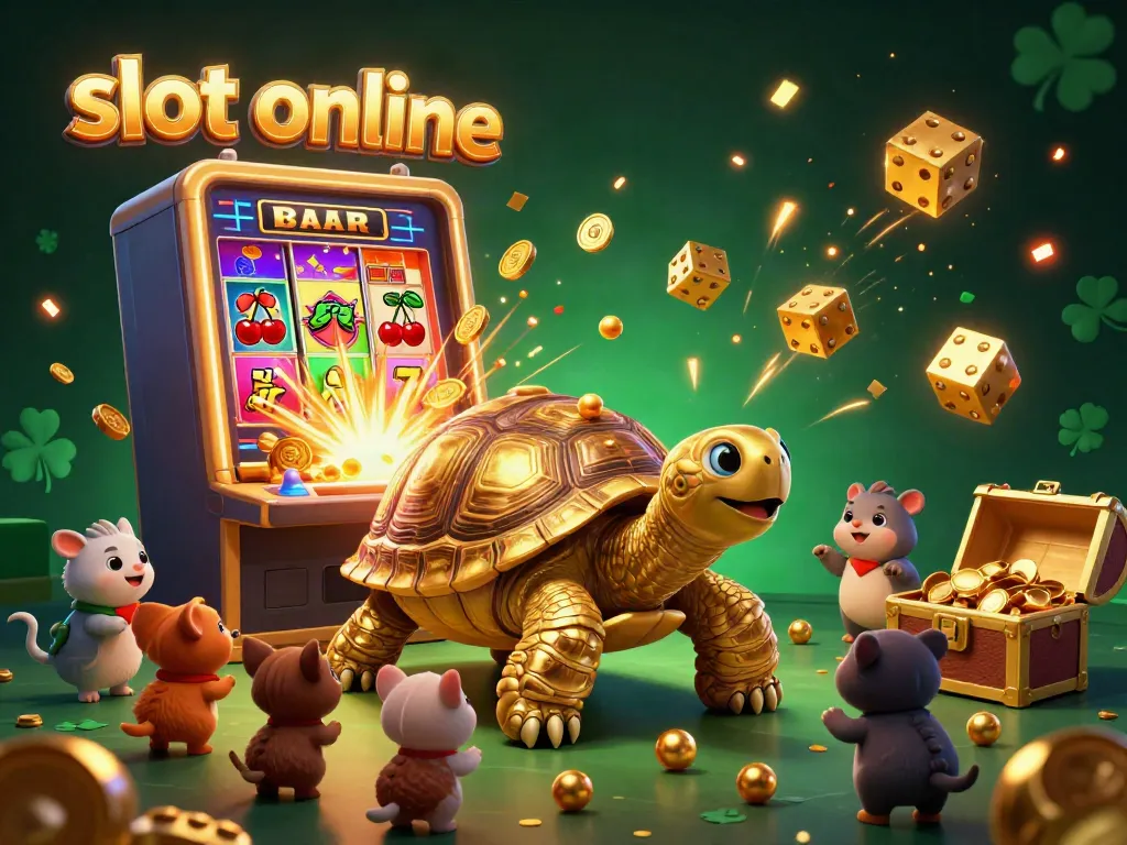 Experience excitement with slot online as a golden tortoise and friends play amidst jackpot celebrations.