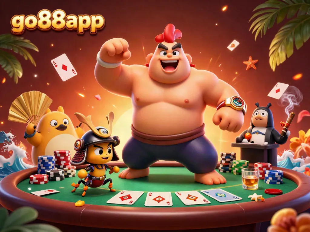 Engage with the thrilling action at go88app featuring a powerful sumo wrestler, a fierce cricket, and a tanuki announcer amid vibrant poker elements.
