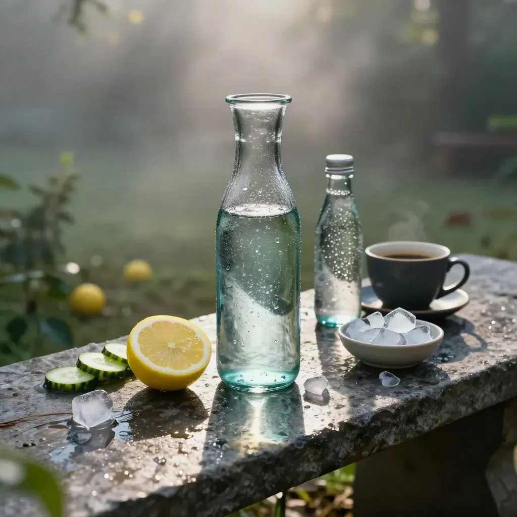 Kondensdroppig glaskaraff med vatten, citron, gurka, kaffe och is i morgondimma.