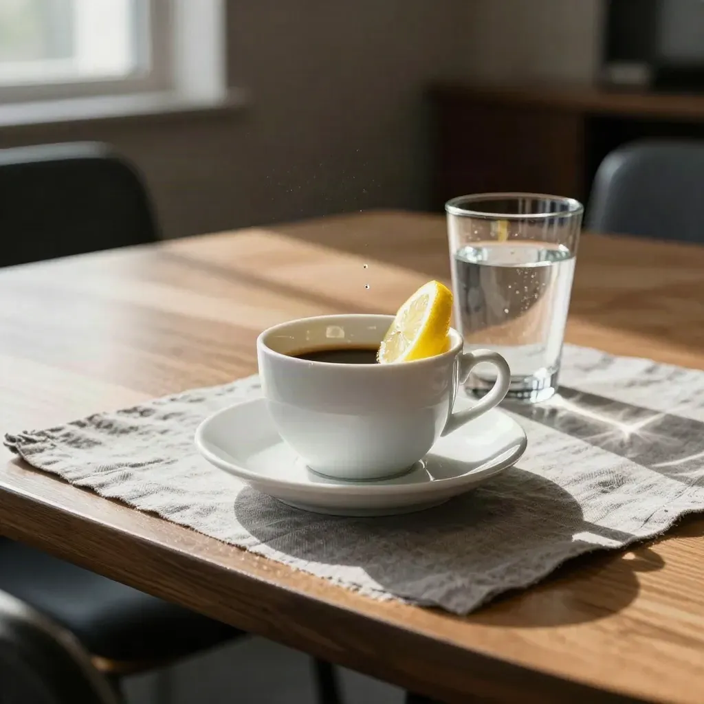 Vit kaffekopp och halvt urdrucket vattenglas med citronskiva i soligt konferensrum