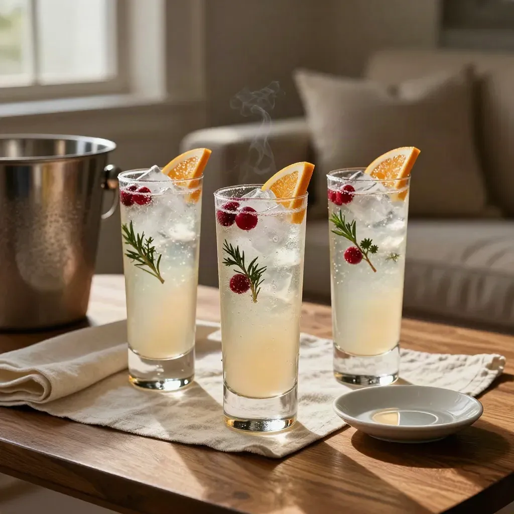 Tre mocktailglas på ett festbord i vardagsrum med is och citrus, mjukt kvällsljus.