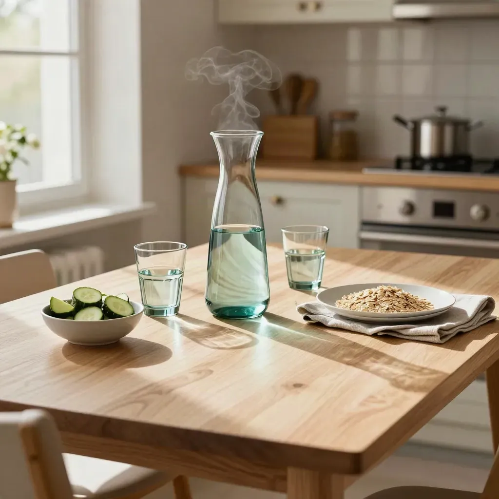 Vattenkaraff, två glas och gurka på ett frukostbord i ett ljust svenskt kök.