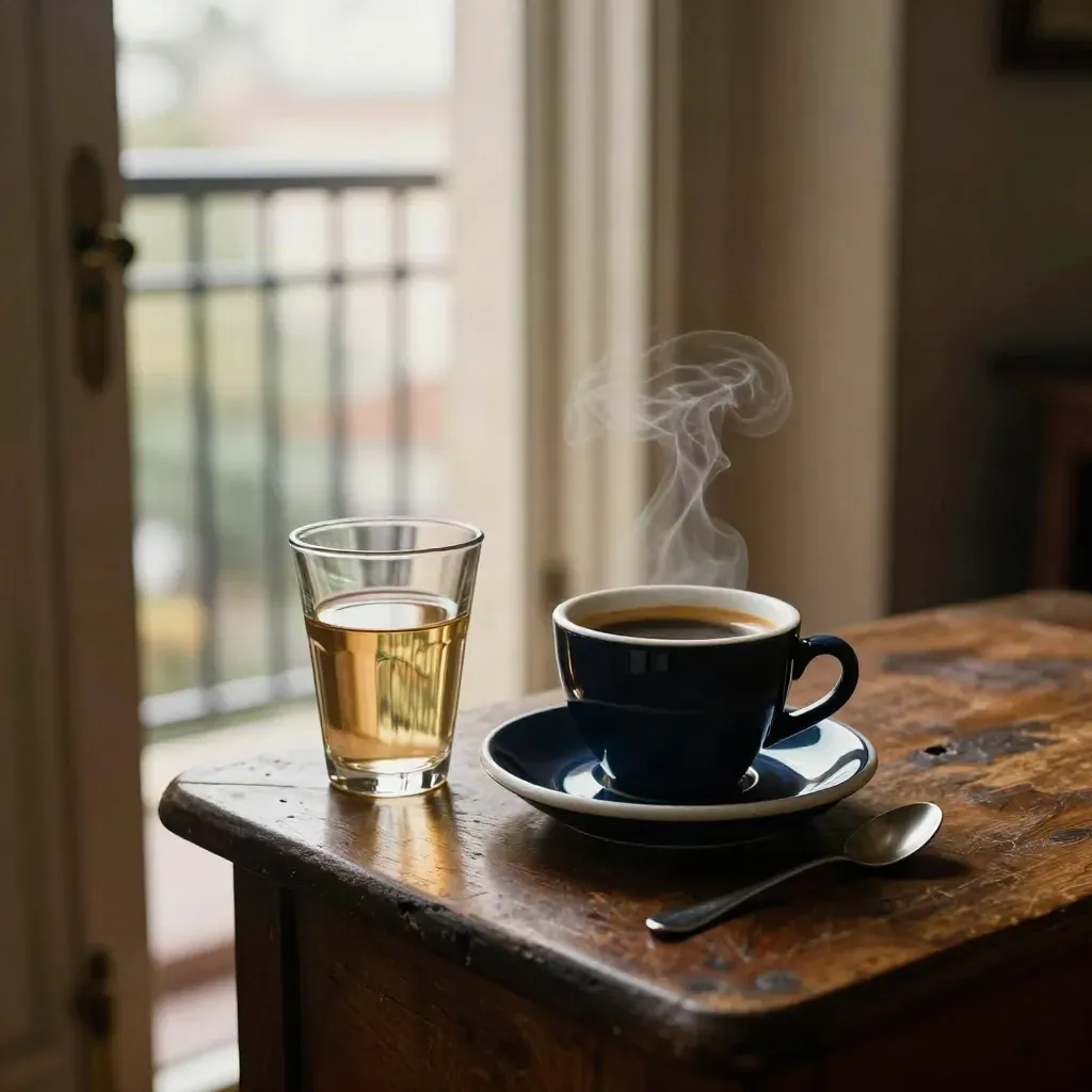 Kaffekopp, vattenglas och sked på sidobord vid öppen balkongdörr.