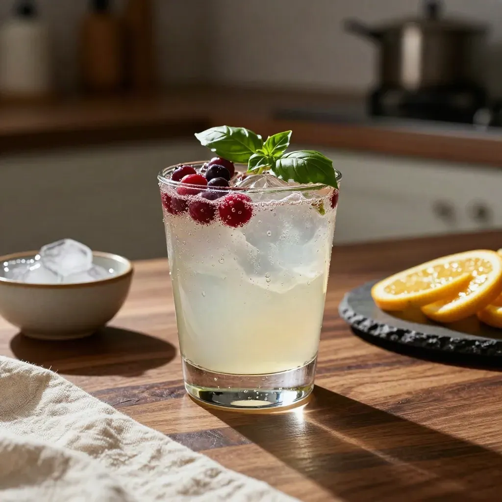 Mocktail i glas med bär, basilika, is och citrus på köksbänk i kvällsljus.