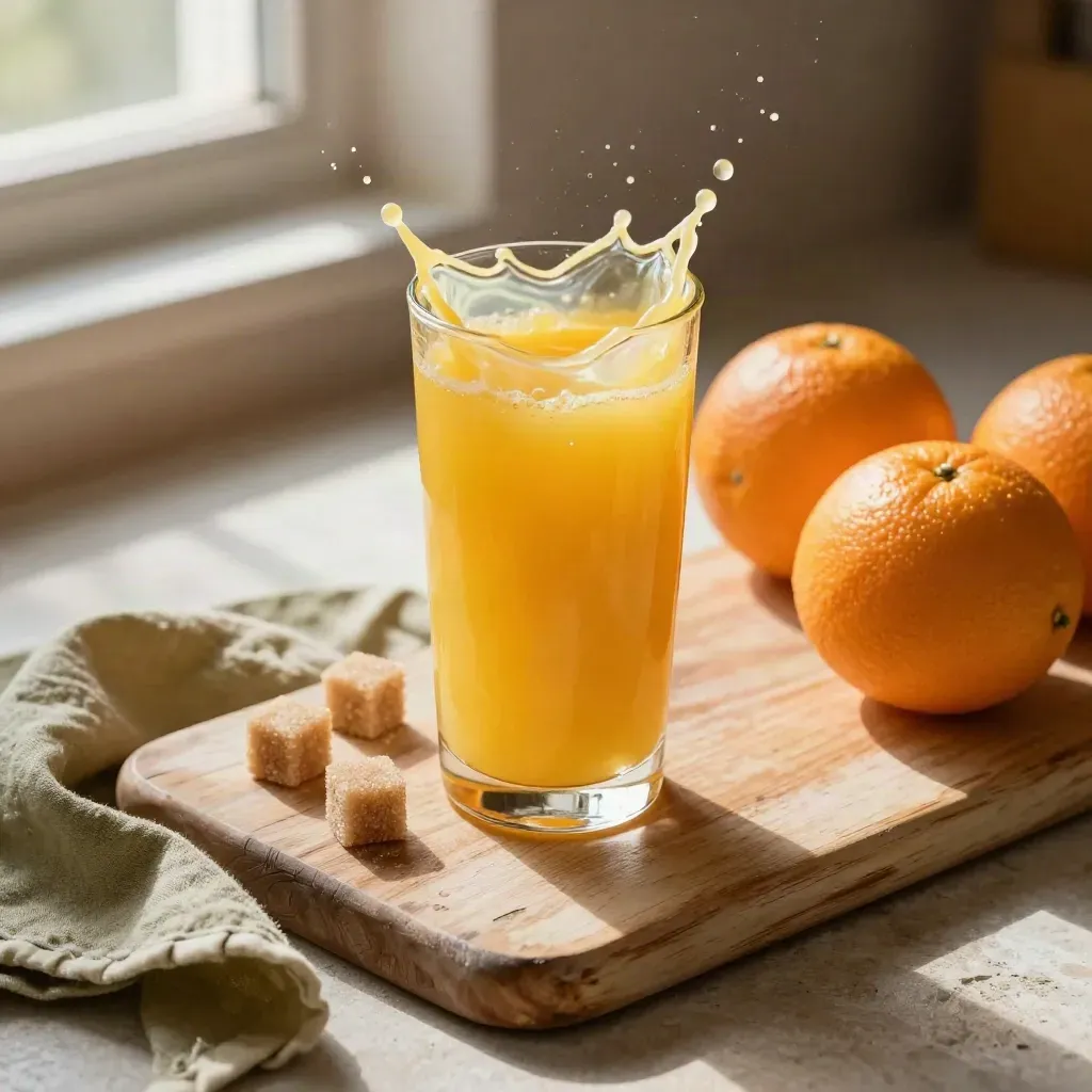 Apelsinjuice i glas med apelsiner och sockerbitar på frukostbräde i mjukt morgonljus.