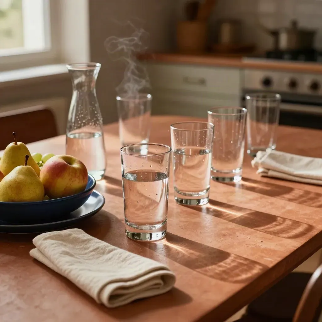 Glas, karaff och fruktskål på ett kvällsbord i varmt köksljus