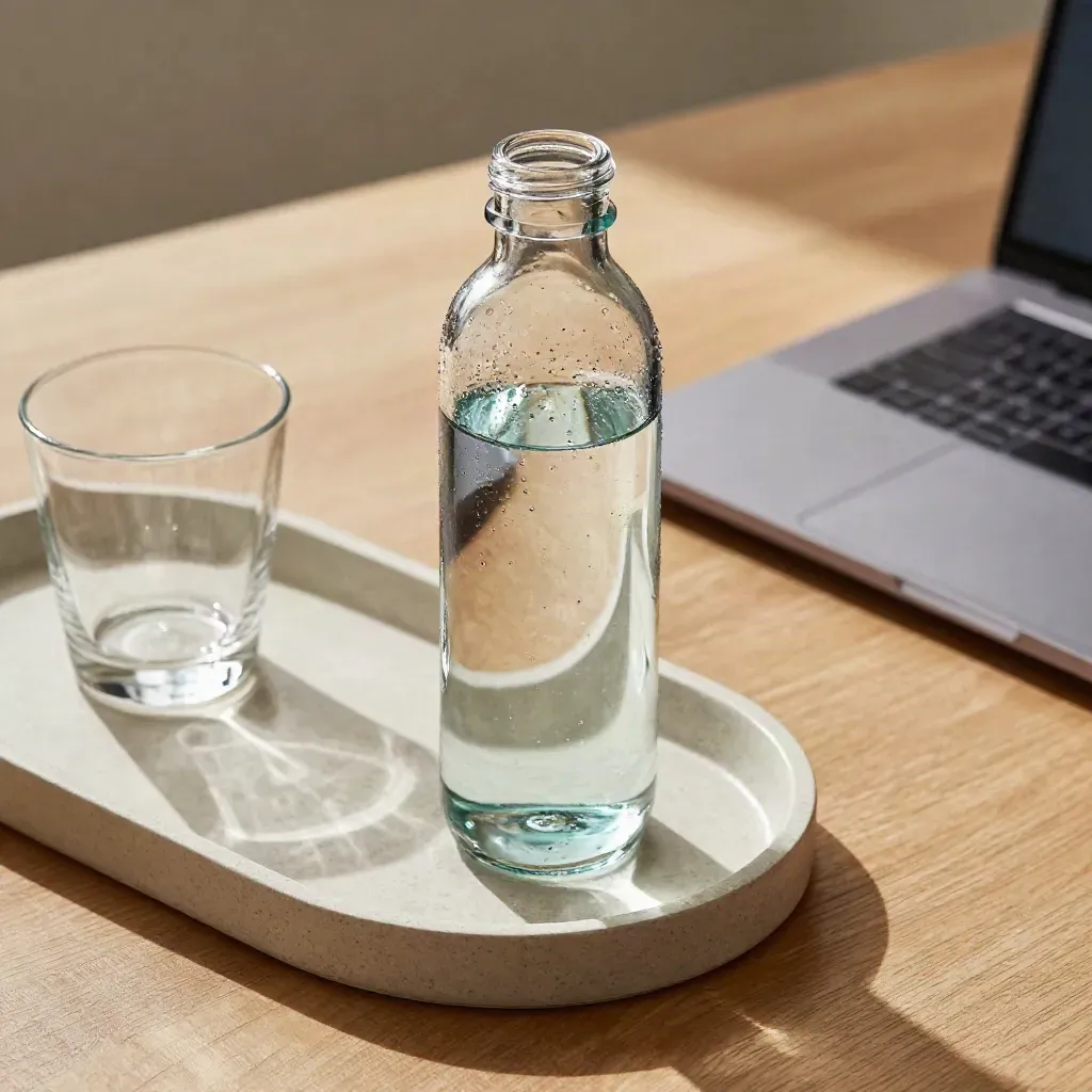 Vattenflaska, glas och stängd laptop på ett kontorsbord i varmt dagsljus.
