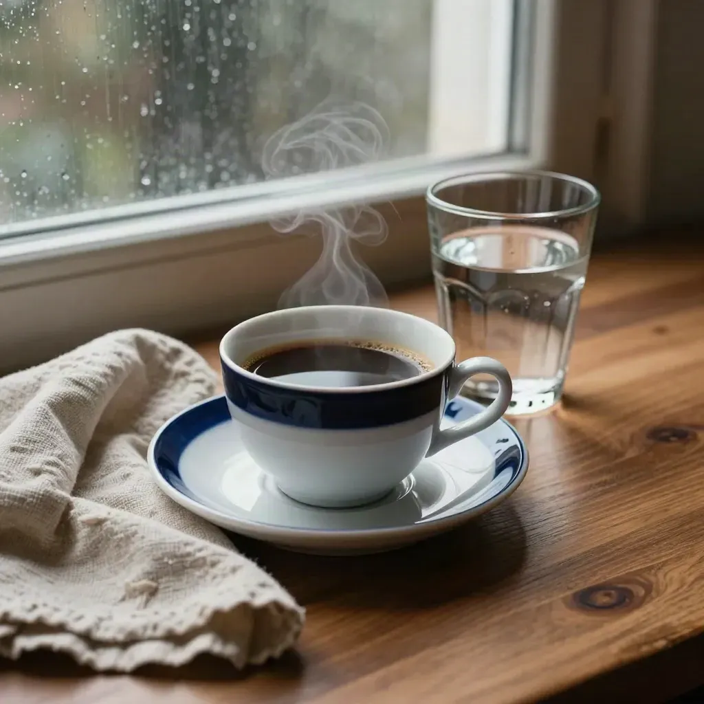 Liten kaffekopp och vattenglas vid fönster med regnigt ljus, lugn efter lunch.