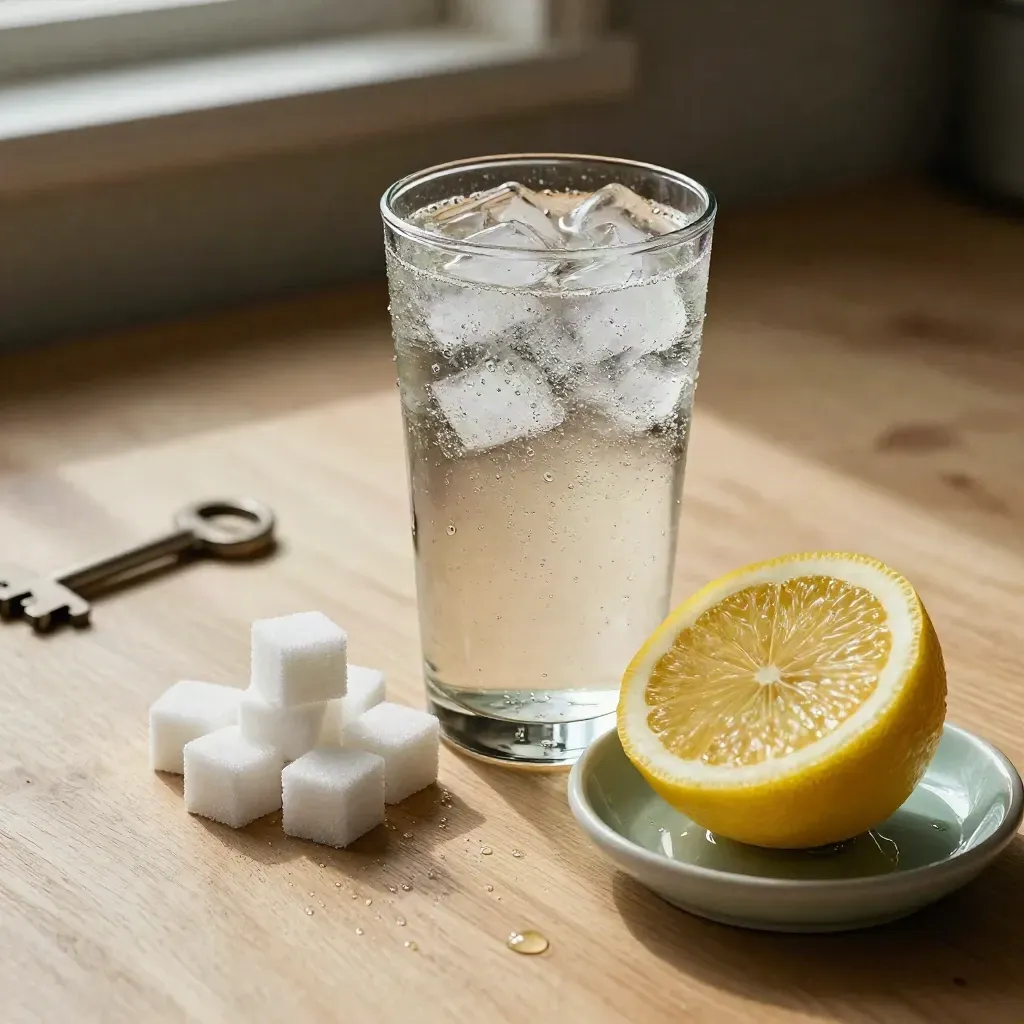 Läsk, sockerbitar och halv citron på en varm köksbänk med kondens