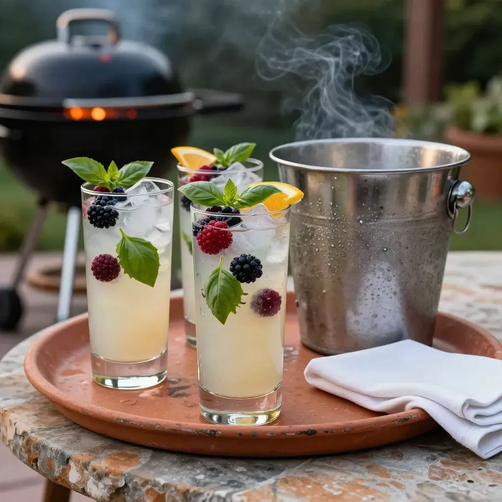 Tre mocktailglas med basilika och bär vid grillen i kvällsljus.