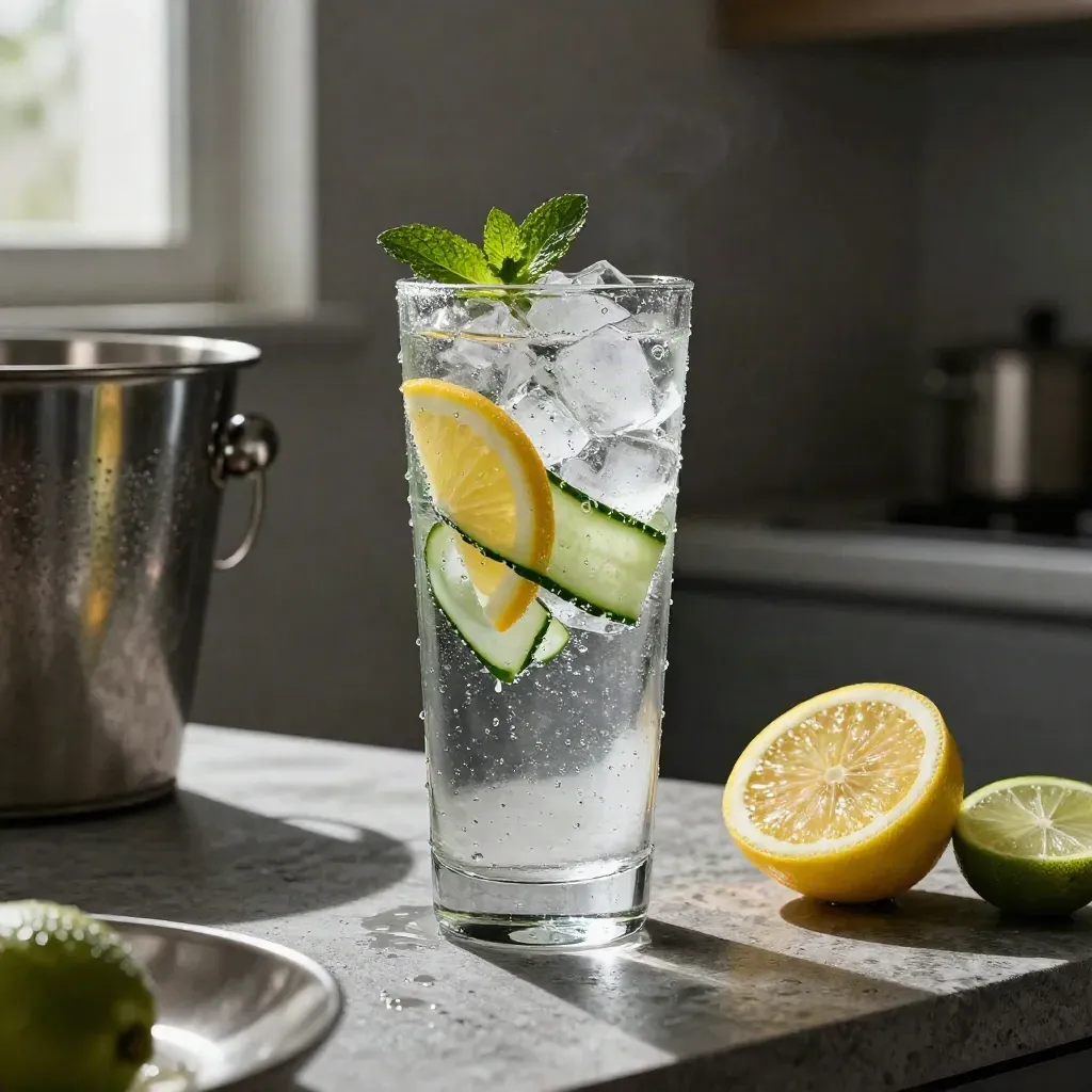 Glas bubbelvatten med gurka, mynta och is bredvid ishink och citrus på mörk bänk