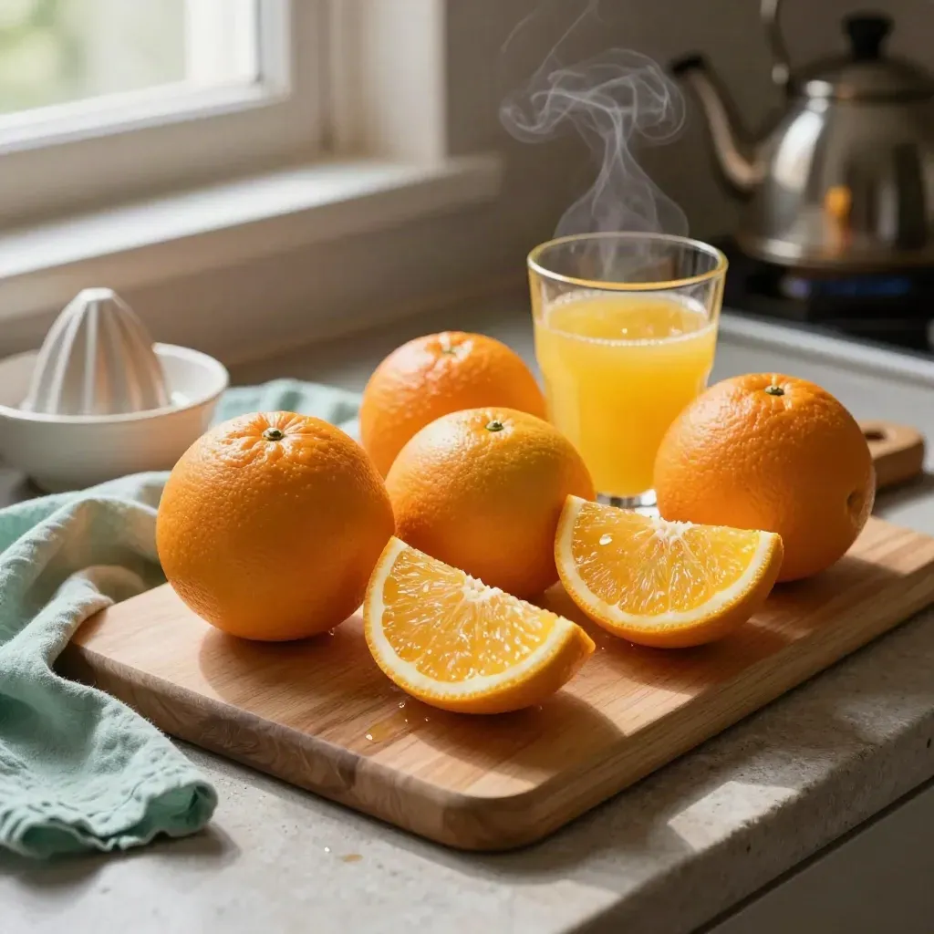 Apelsiner, klyftor och ett litet glas juice på skärbräda i mjukt morgonljus.