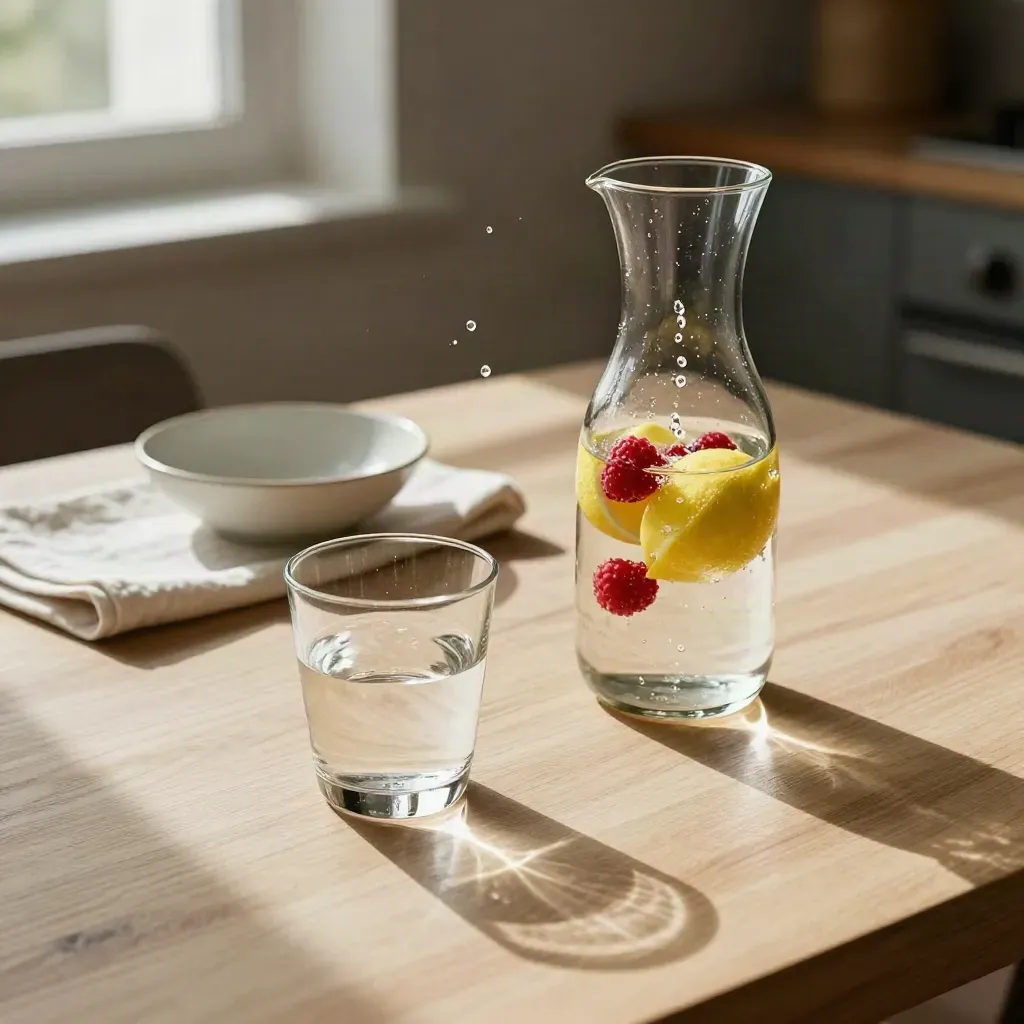 Klara glas och en karaff med vatten, citrus och bär i rörelse på ett familjebord.