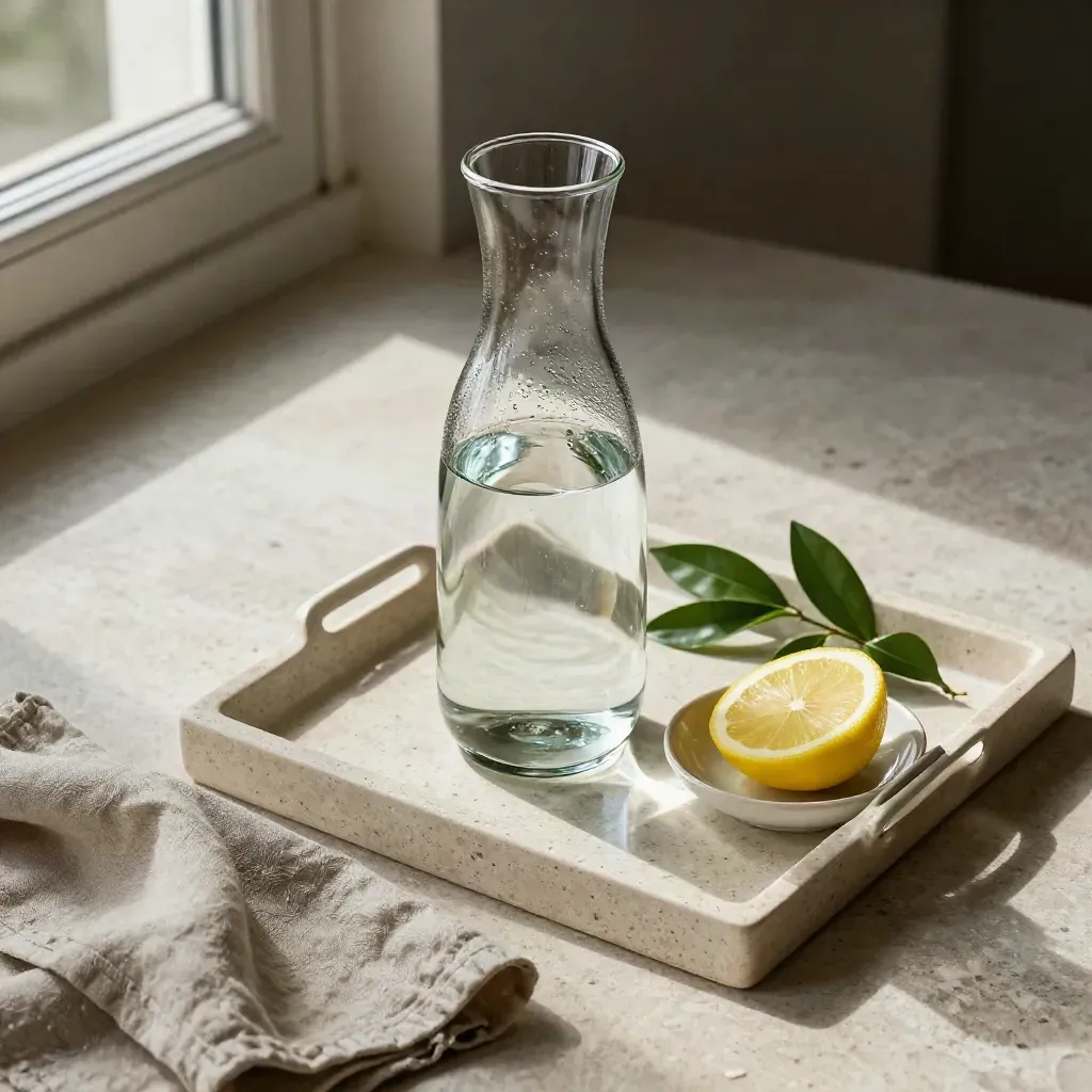 Karaff med vatten, citron och linneservett på stenbricka i mjukt fönsterljus