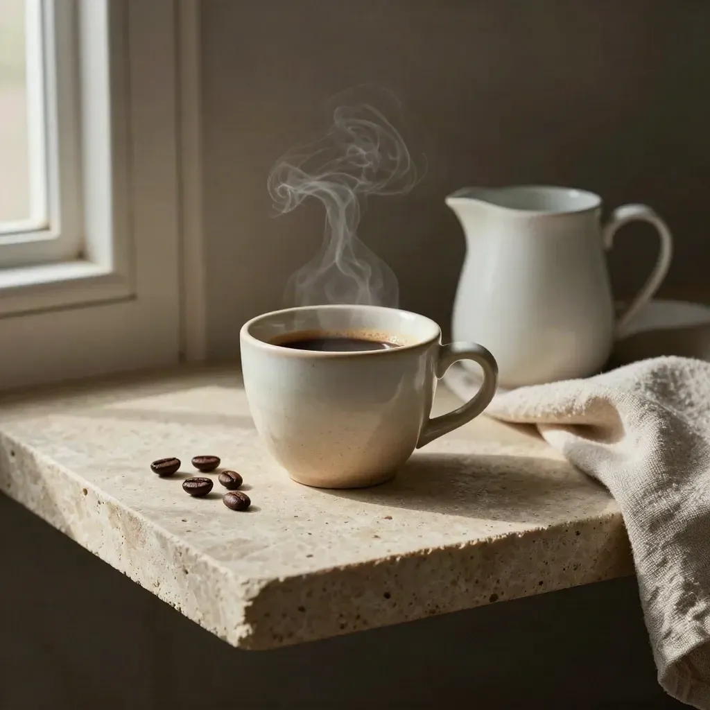 Keramisk espressokopp med kaffebönor, mjölkkanna och linneservett på stenhyllyta med ånga.