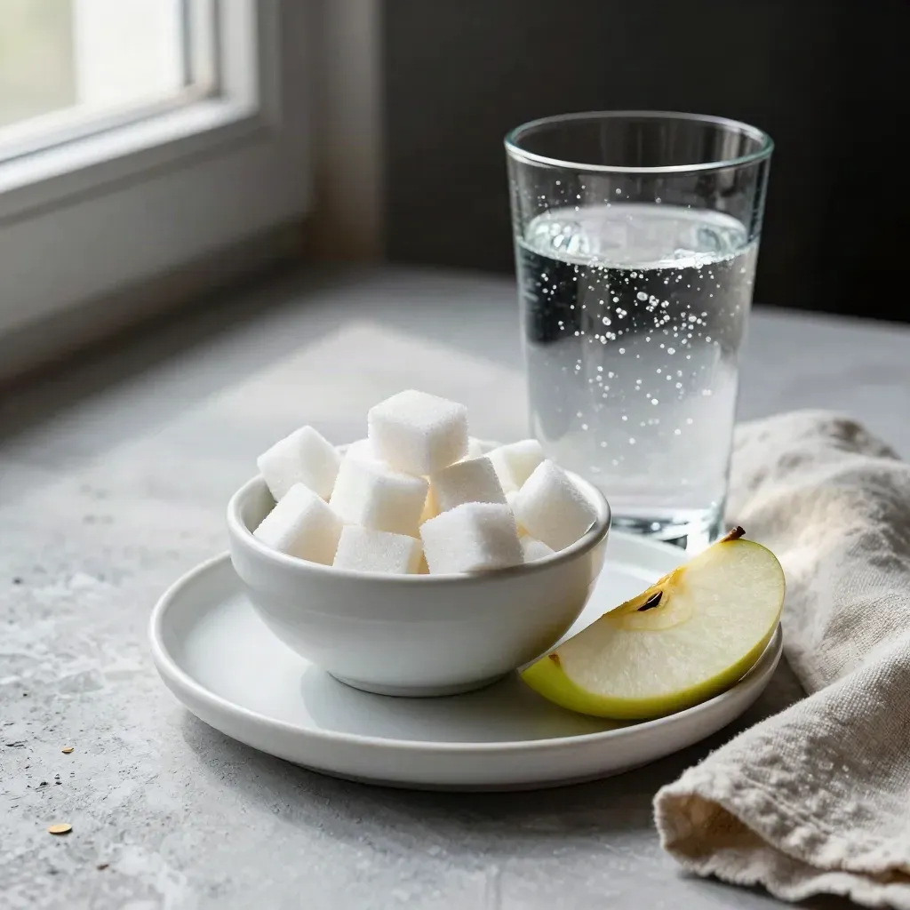 Sockbitar, sodavatten och äppelskiva på ljus stenyta i stilrent stilleben.