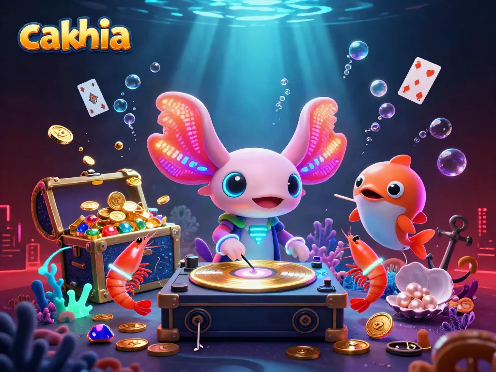 Cakhia celebrates with a vibrant scene showcasing a DJ axolotl spinning records amidst a lively underwater casino.