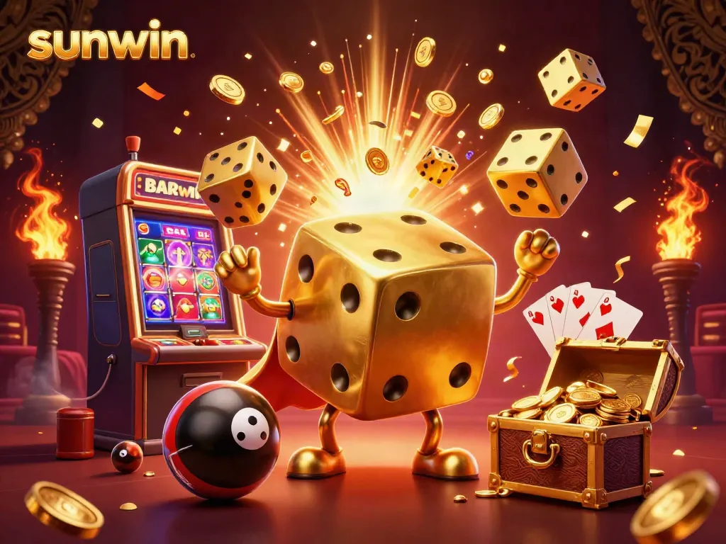 Engage in thrilling gameplay with SUNWIN's vibrant online casino illustration, featuring dynamic golden dice and thrilling slot machines.