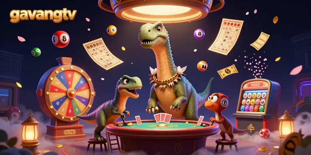 Experience the thrill of gavangtv with a dynamic casino scene featuring vibrant lottery elements and a playful dinosaur.