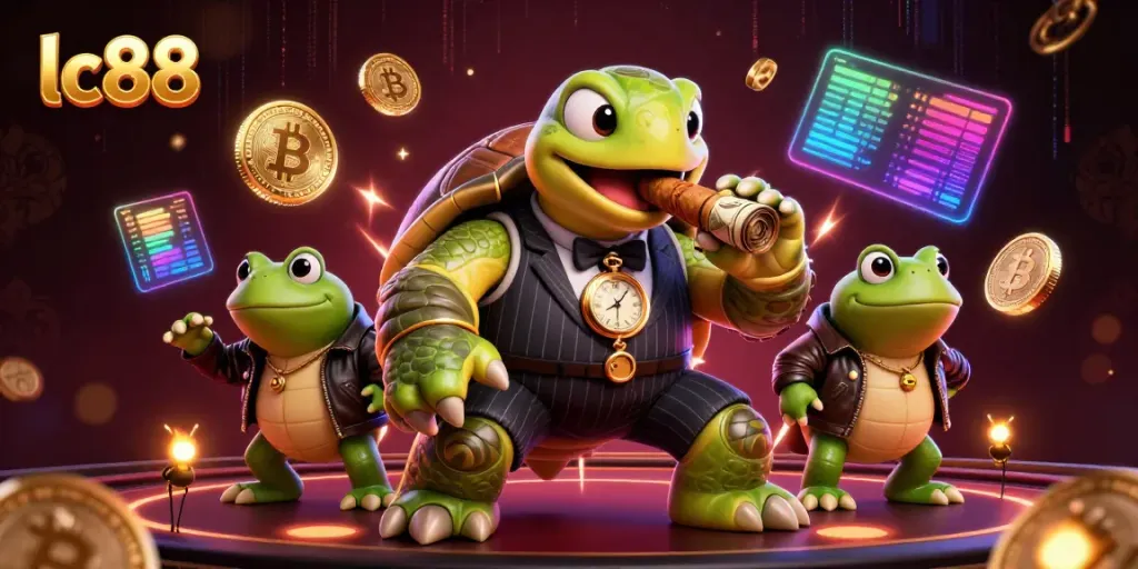 Engage with the vibrant lc88 casino scene featuring a turtle in a vintage suit surrounded by dynamic gaming elements.