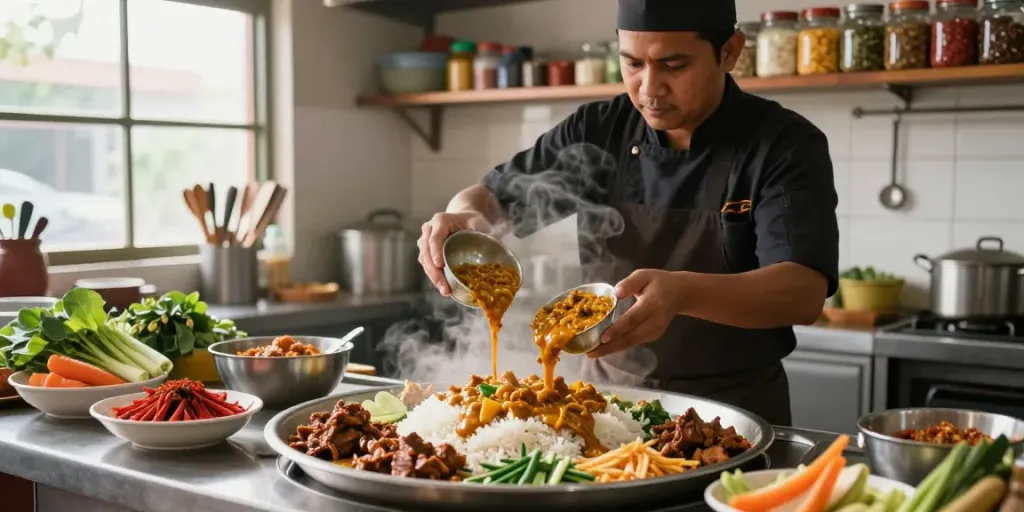 Chef pouring multiple curry sauces over rice for rokok88 Nasi Kandar in a bright kitchen.