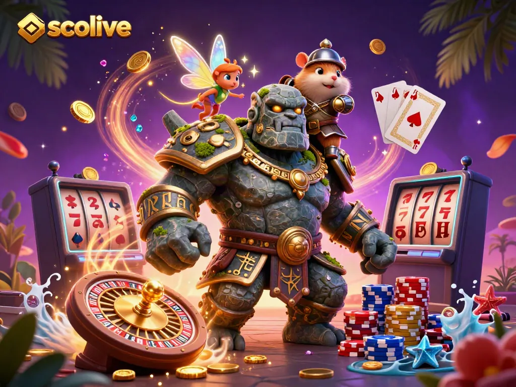 Socolive showcases a magical casino scene featuring a golem guardian and a hamster knight among vibrant gambling elements.