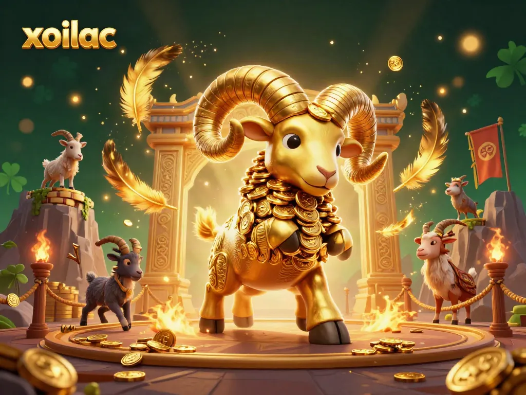 Xoilac showcases a golden ram charging through a dynamic gambling arena with coins and feathers.