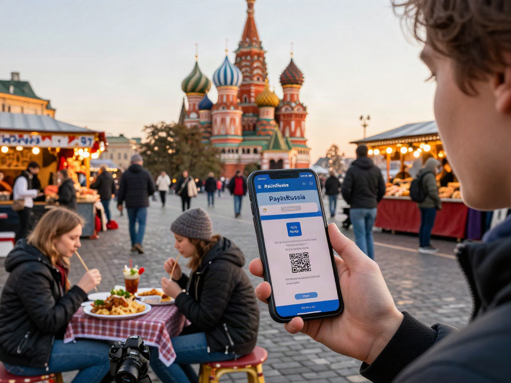 Turista usando https://payinrussia.com/ en una plaza de Rusia con mercados y comida local.