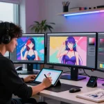 Artist creating AI hentai art in a vibrant digital studio filled with screens and tools.