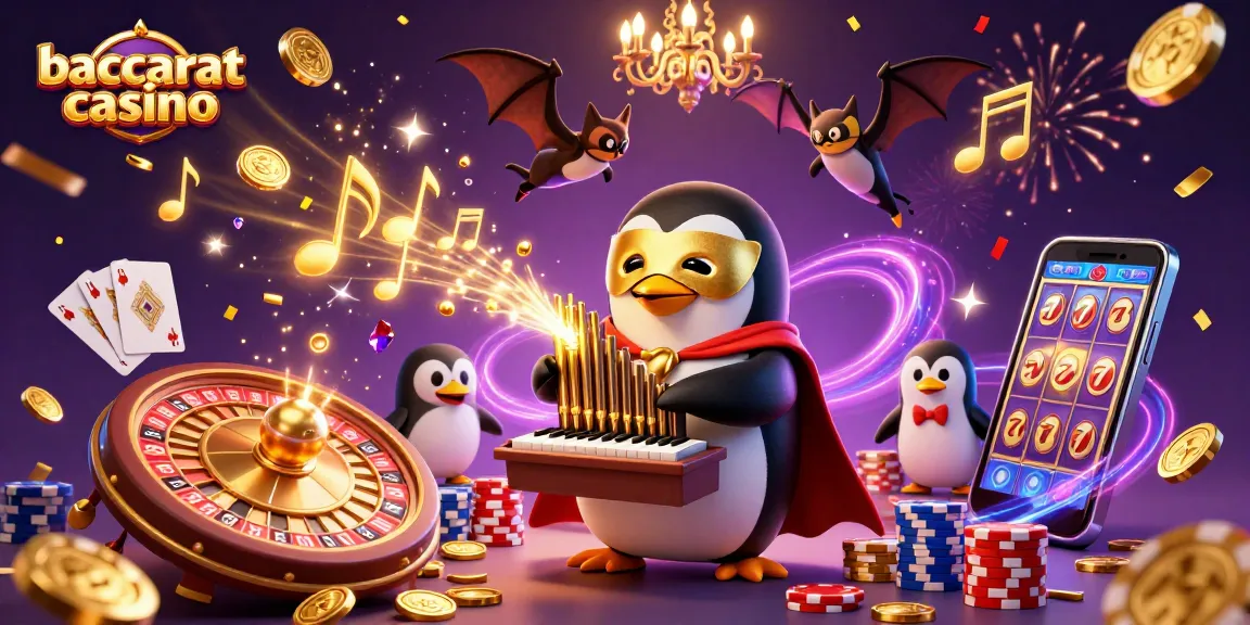 Baccarat casino features a whimsical scene with a phantom penguin, celebrating with gold coins and vibrant casino games.