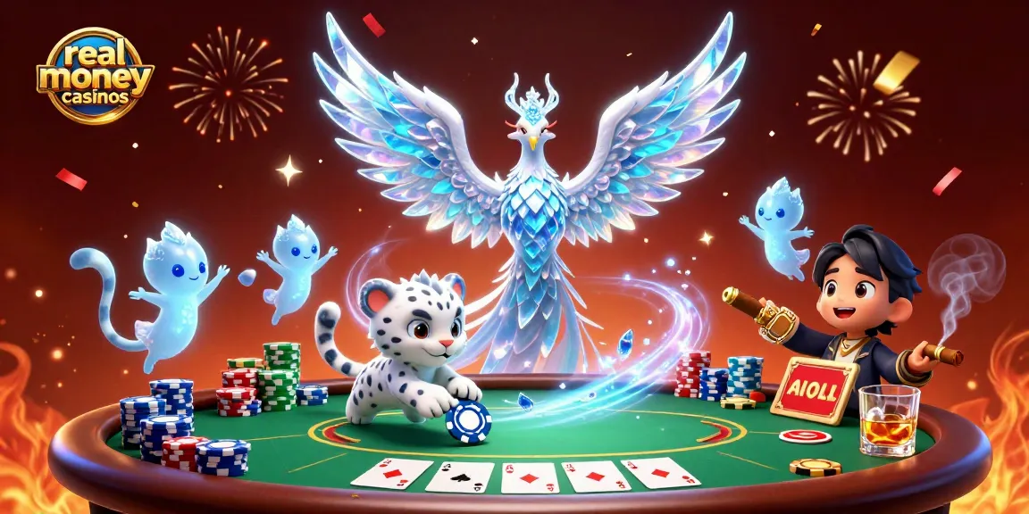Engage in real money casinos with this vibrant 3D illustration showcasing an ice phoenix and poker elements.
